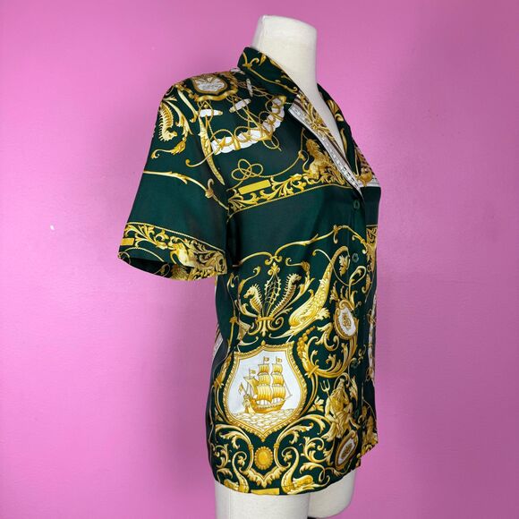 Size S | Vintage 1990s 90s Green Baroque Novelty Print Silk Button Up Blouse Top - Picture 6 of 10
